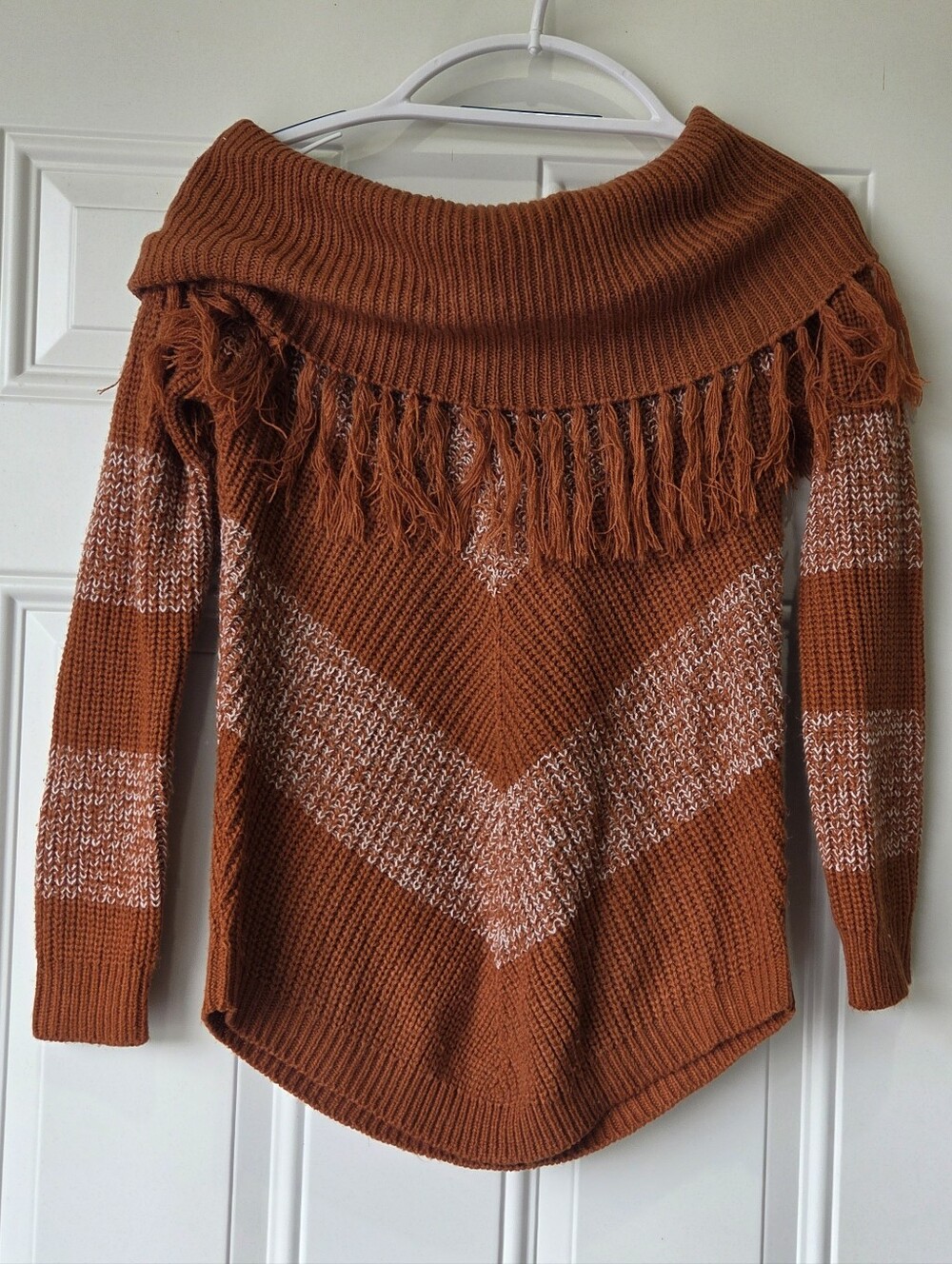 Rust Fringe Off-Shoulder Women's Sweater